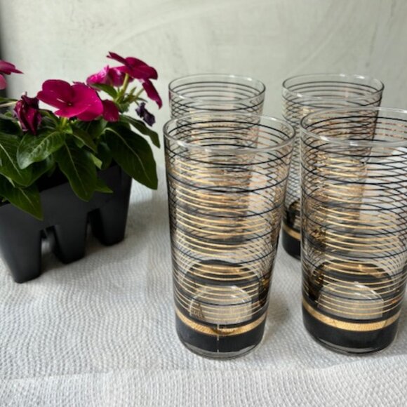 4 Vintage Black & Gold Culver Glasses - Picture 2 of 5